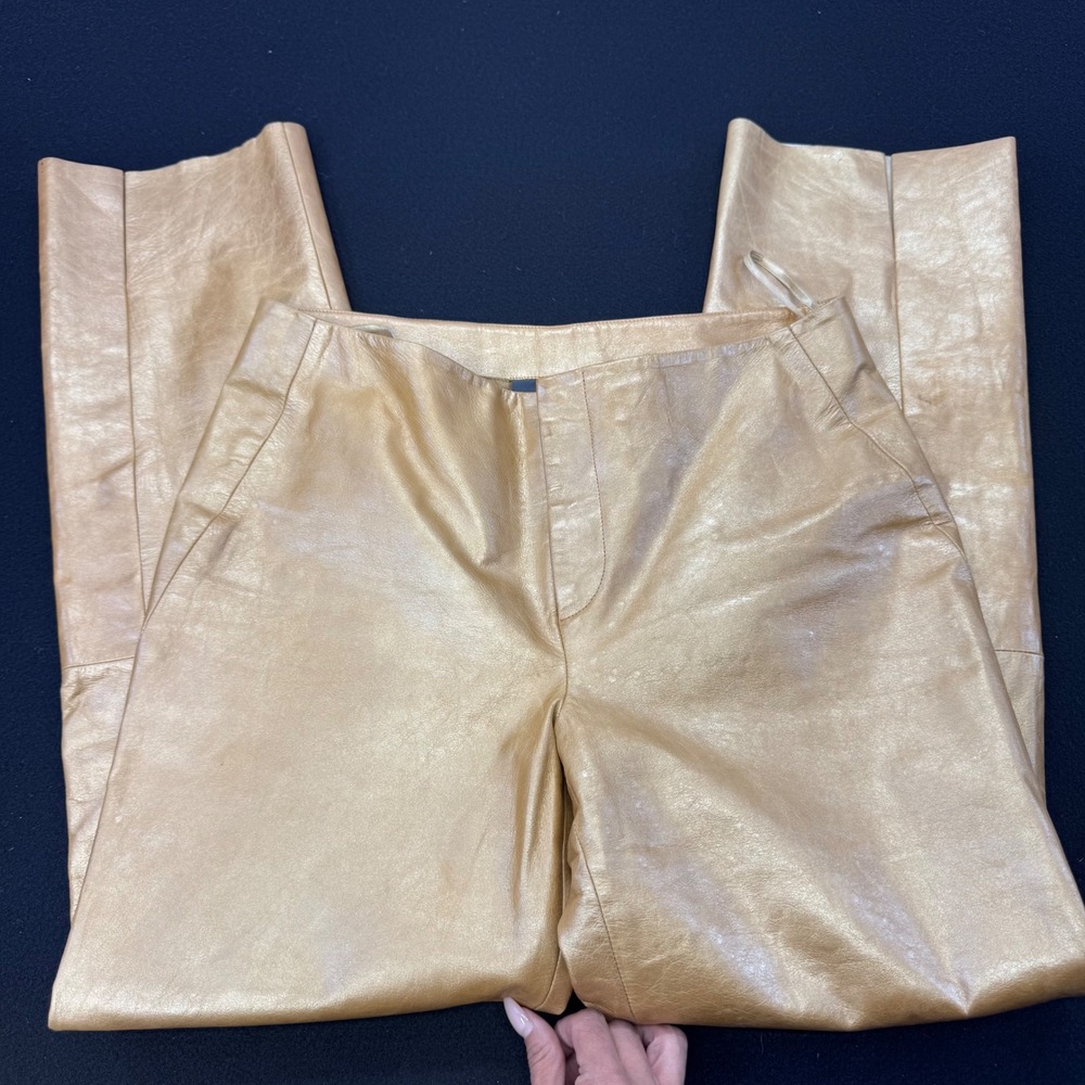 Banana Republic Vintage Gold Metallic Genuine Leather Straight Leg Pants Size 8e